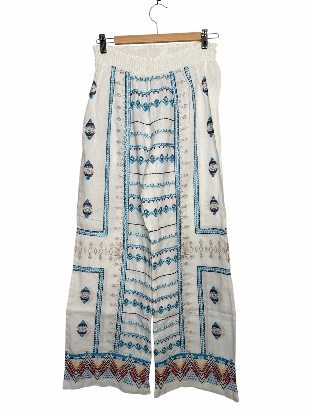 Johnny Was Embroidered Linen Elastic Waist Linen Wide Leg Pants Size Medium - Picture 3 of 7